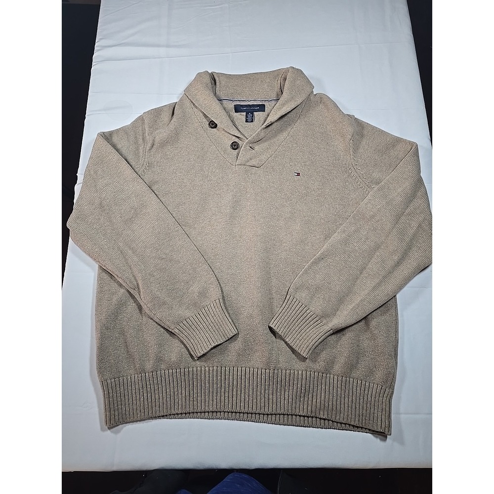 Tommy Hilfiger Sweater Mens XL Beige Knit Mock Neck Pullover Long Sleeve Casual